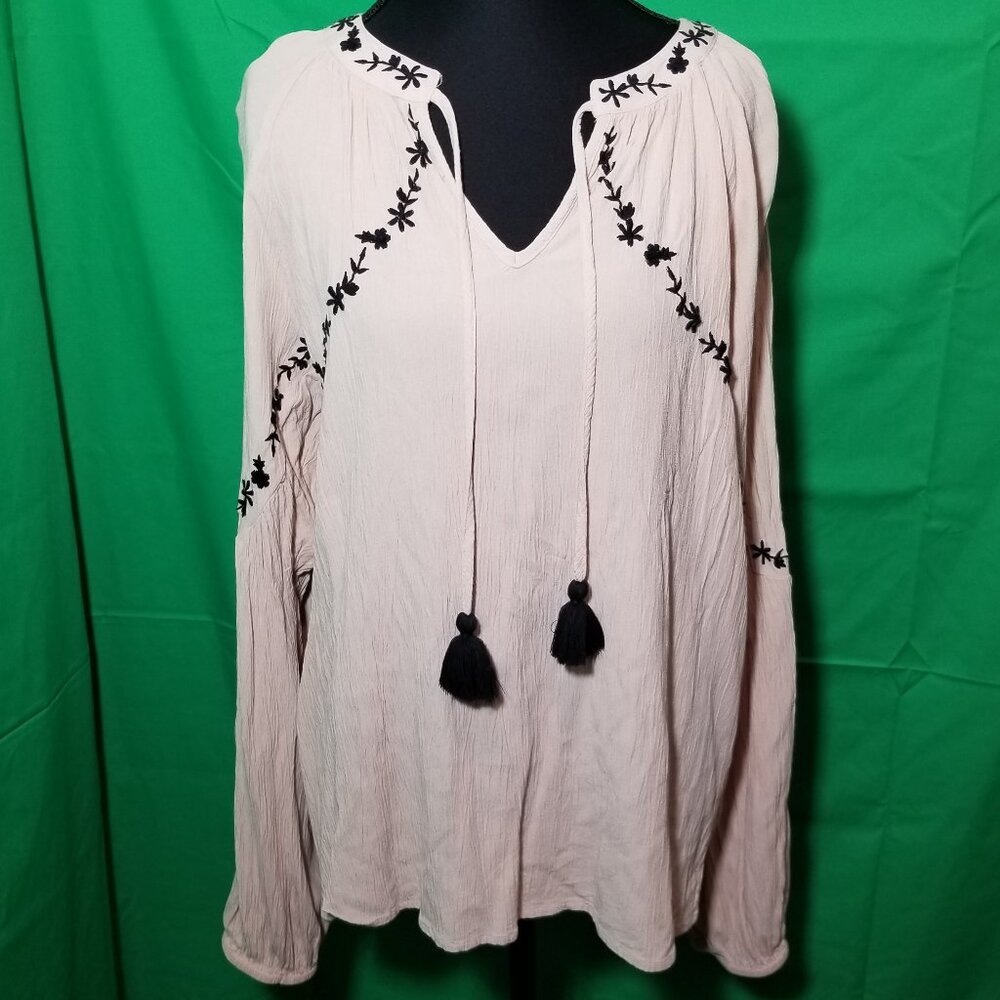 Knox Rose Floral Long Sleeve Large Blouse Tan Black Tassel Tie Boho Cottagecore